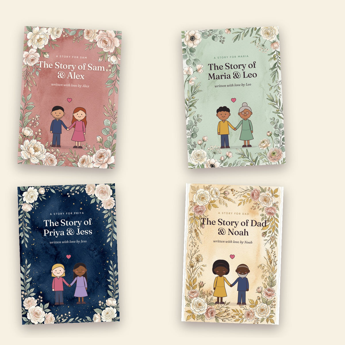 Four cover designs with different characters
