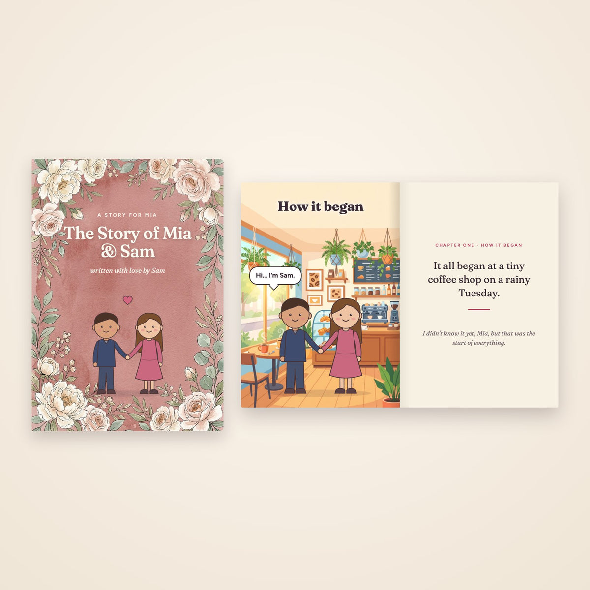The Story of Mia & Sam: painted cover and the first chapter, with the couple in a café and a speech bubble