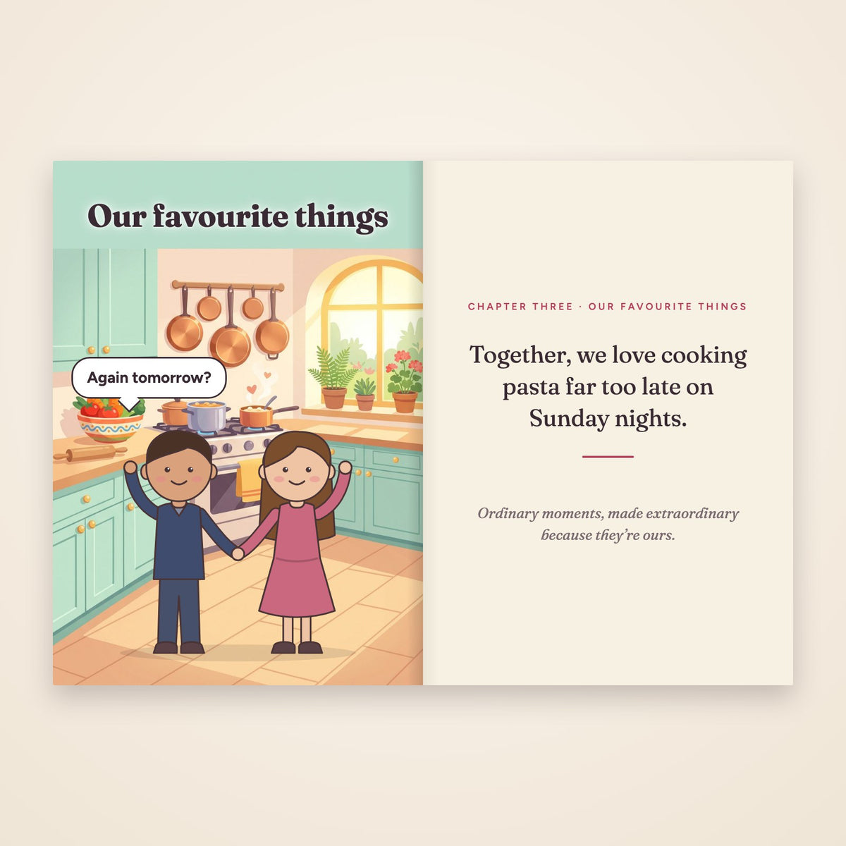 A chapter spread: the couple in a bright kitchen scene, and their story on the facing page