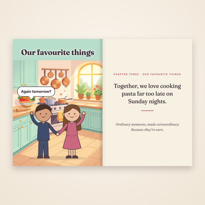 A chapter spread: the couple in a bright kitchen scene, and their story on the facing page