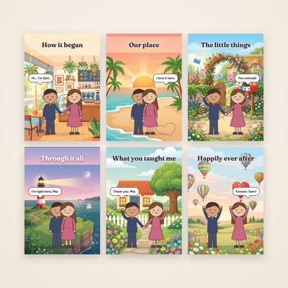 Six full-page scenes from one storybook: café, beach, garden, lighthouse, home and hot air balloons